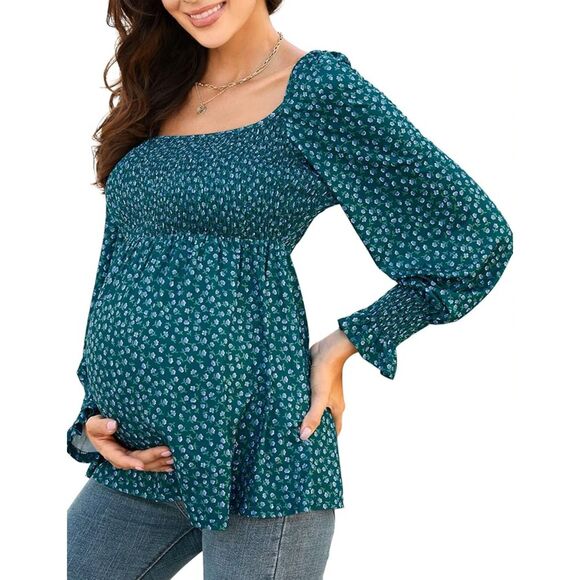 Maternity Square Neck Puff Sleeve Smocked Tunic Top - Green Floral XXL - Picture 1 of 4